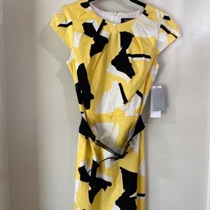 Yellow Black White Print Belted Business Dress Sz 10 Nordstrom Chetta B NWT